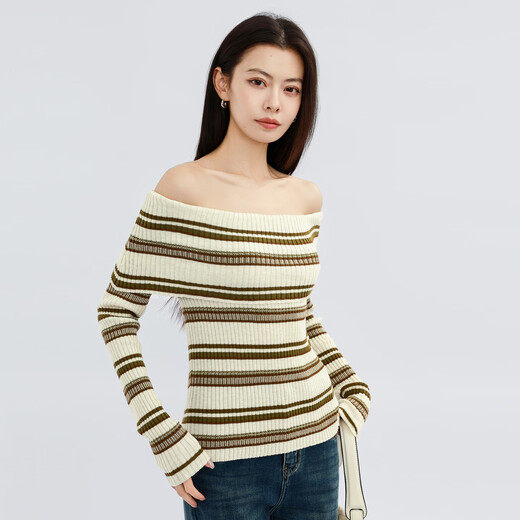 VIEA.ING shopping mall same style contrast striped sweater women's 2026 spring new one-shoulder pullover top apricot S