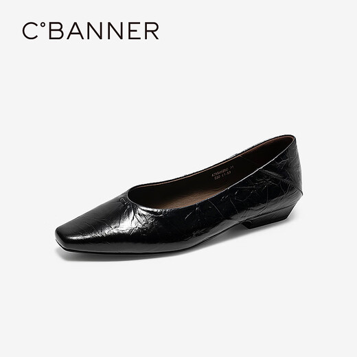C.BANNER Low Heel Square Toe Shallow Mouth Shoes Women's 2026 Spring New Genuine Leather Commuting Flat Shoes Black 36 (230mm)