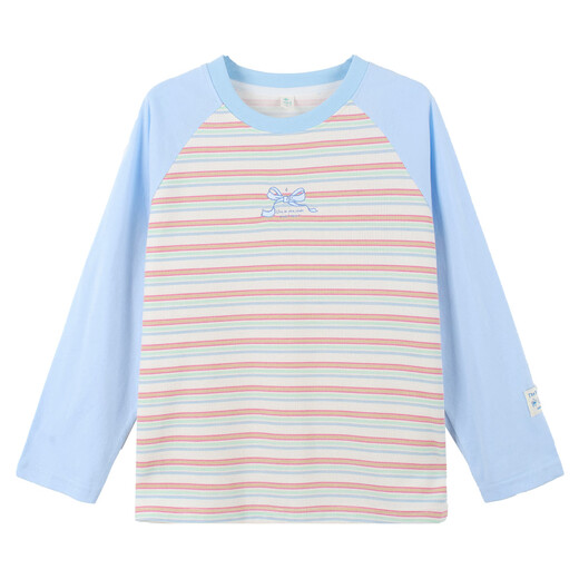 Xiaoyinman children's clothing girls' waffle striped t-shirt 26 spring fashion casual bottoming shirt for middle-aged and older children blue 120