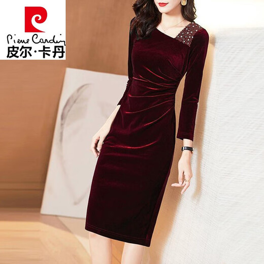 Vestido de noche Pier Cardin Vestido de terciopelo de oro para mujeres en otoño e invierno Nuevo noble y de moda falda larga más terciopelo falda cubierta de cadera espesa burdeos [sin vellón] XL recomendado 100-120Jin [Jin iguala 0.5 kg]