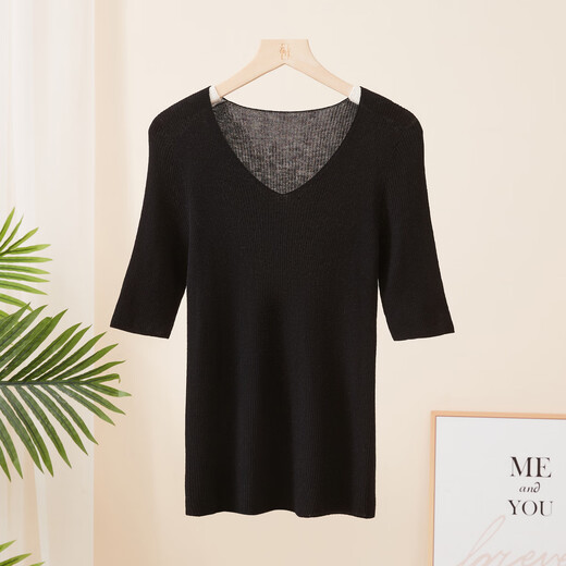 Chunzhu spring new Shima Seiki 18-needle worsted seamless sheep wool blended V-neck slim half-sleeved woolen sweater for women Monica M 95CM