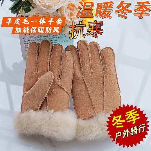 Fantasy German imported high-quality suede leather gloves for men and women, outdoor men's five-finger shearling thickened style, one-piece fur, green outer cover + extra large sheepskin liner, standard fur (regardless of thickness)