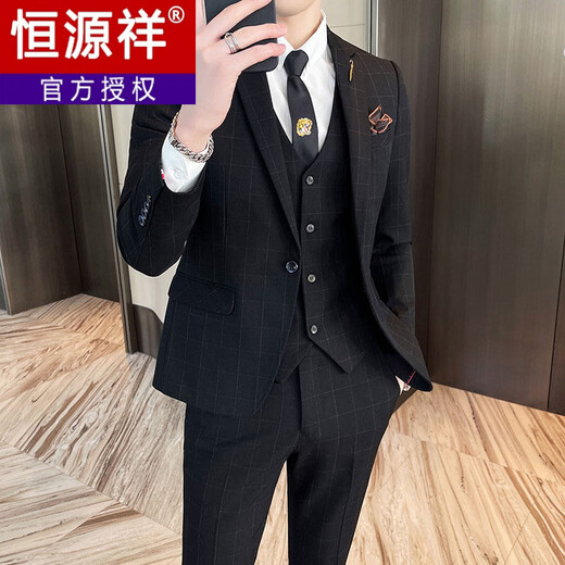 Hengyuanxiang Traje de novio Boda para hombre Vestido de novia delgado de estilo coreano Traje formal informal a cuadros para padrinos de boda Traje de tres piezas 2016 Traje gris oscuro Chaleco Pantalones Corbata Cinturón 4XL (160-175 Jin Jin es igual a 0,5 kg, uso izquierdo y derecho)