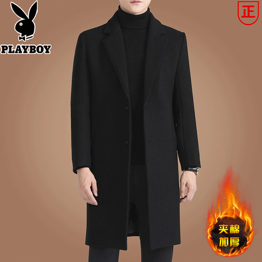 Playboy (PLAYBOY) 2025 woolen coat men's mid-length Korean style casual windbreaker for young and middle-aged people winter thickened woolen coat black L recommended weight 125-140Jin Jin equals 0.5 kg