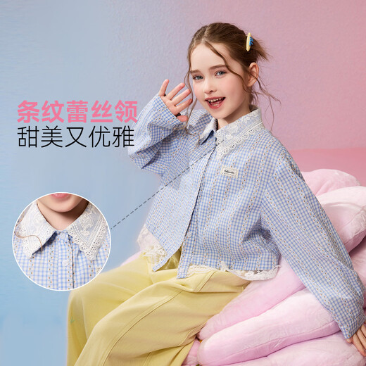 ASK JUNIOR children's shirt 2026 spring new arrival medium and large children's lace splicing plaid long-sleeved jacket girls fashion tops blue and white plaid 110