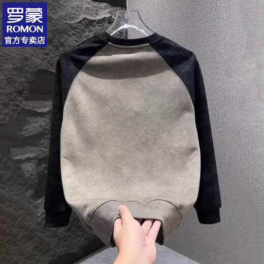 ROMON round neck sweatshirt for men with contrasting color splicing design casual clothes for youth tie-dye simple versatile top mature style black L Recommended weight 120-140Jin Jin is equal to 0.5 kg