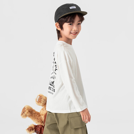 Duojia Class A Standard Children's T-shirt Spring and Autumn Adventure Bear Fun Long Sleeve Boys Casual Cotton Breathable Top Fashion White 110