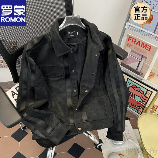 ROMON American Retro Leather Jacket Men's Spring and Autumn Niche Short Style Prisoner Bird Visual Abyssin Style PU Leather Jacket Black M