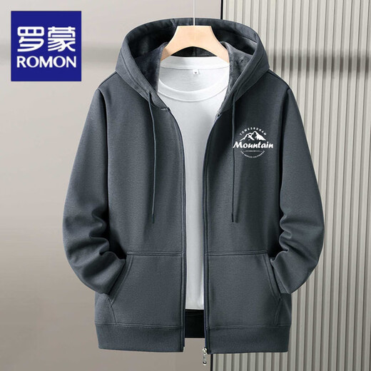 Romon zipper cardigan hooded sweatshirt men's spring, autumn and winter velvet thickened junior high school and high school student large size jacket, navy blue without velvet (hill) L