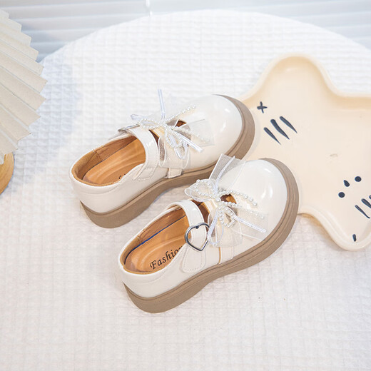 Girls Pearl Bow Small Leather Shoes 2026 Spring New Children's British Style Single Shoes Girls Fashion Princess Shoes Off-White 27