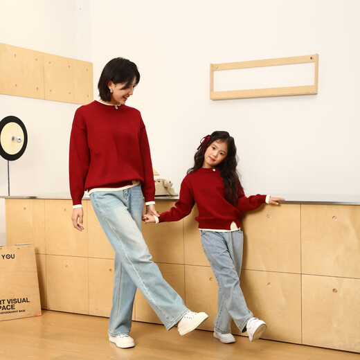 Family portrait, parent-child outfit, red New Year sweater for the Year of the Horse, New Year's greeting clothes for a family of three, mother and daughter, high-end style, burgundy sweater/single piece 170, adult size M (recommended height 155-160cm)