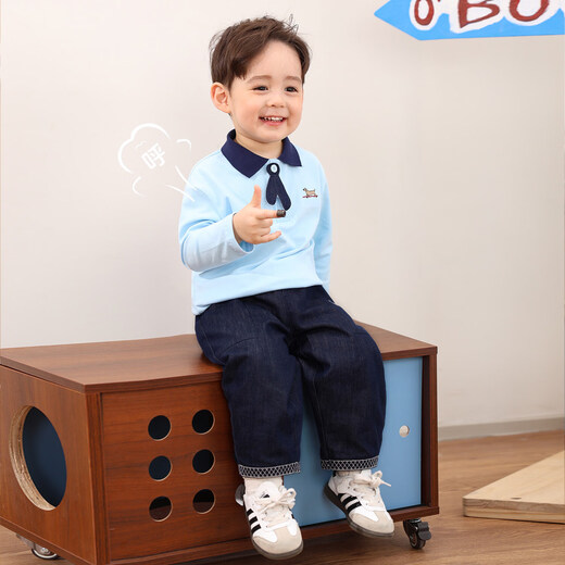 LUSON baby boy baby boy t-shirt long-sleeved spring and autumn 2026 new baby temperament blue POLO shirt top