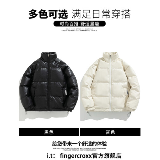 Fingercroxx it versatile black pu leather down jacket men's winter new American loose casual retro trendy brand warm jacket black counter same style L (120-140Jin Jin equals 0.5 kg)