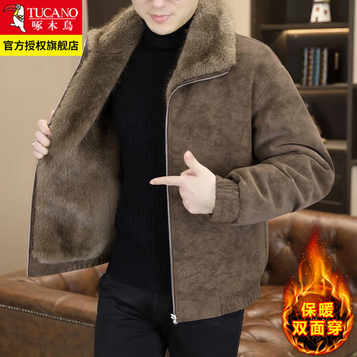 Woodpecker (TUCANO) leather jacket men's winter 2026 new trendy casual lapel plus velvet fur one-piece reversible men's jacket black 4XL