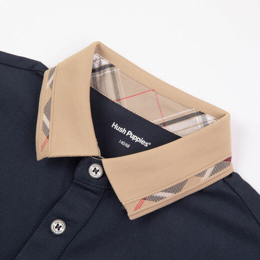 Hush Puppies Children's Clothing Children's Boys 2026 Spring and Summer New Classic Plaid Casual Comfortable Contrast Color Short-Sleeved Polo Shirt Navy Blue 150 cm