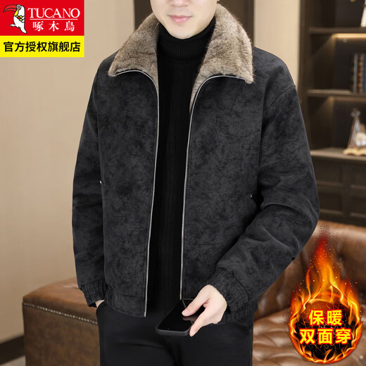 Woodpecker (TUCANO) leather jacket men's winter 2026 new trendy casual lapel plus velvet fur one-piece reversible men's jacket black 4XL