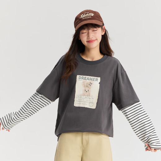 笛莎童装青少年T恤2026春秋大童女孩儿童洋气圆领长袖假两件T恤