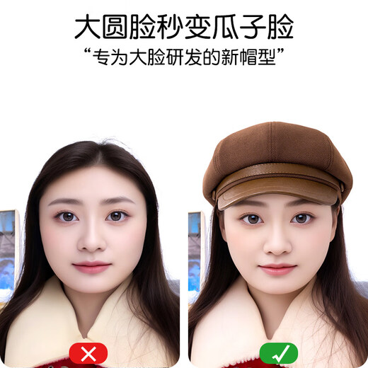 Suitable for square and round faces, small and large head circumference, PU leather octagonal hat, retro beret, women's autumn and winter woolen woolen hat for small head circumference, black M small size (52-55c)