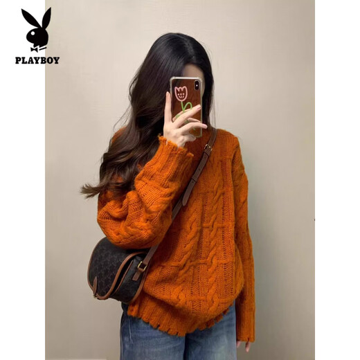 Playboy (PLAYBOY) French Retro Pumpkin Orange Twist Sweater Women's Autumn and Winter New Casual Soft Waxy Gentle Wind Lazy Knitted Top Women Orange S Recommended 80-95Jin Jin is equal to 0.5 kg