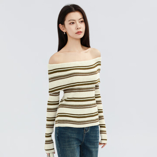 VIEA.ING shopping mall same style contrast striped sweater women's 2026 spring new one-shoulder pullover top apricot S