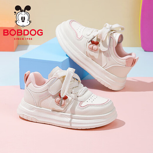 BOBDOG children's shoes, girls' sneakers, girls' 2026 spring new casual low-top campus white shoes, children's sports shoes, rice/fruit powder 30, suitable for feet length 17.6CM