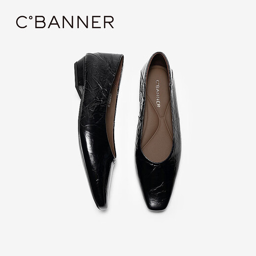 C.BANNER Low Heel Square Toe Shallow Mouth Shoes Women's 2026 Spring New Genuine Leather Commuting Flat Shoes Black 36 (230mm)