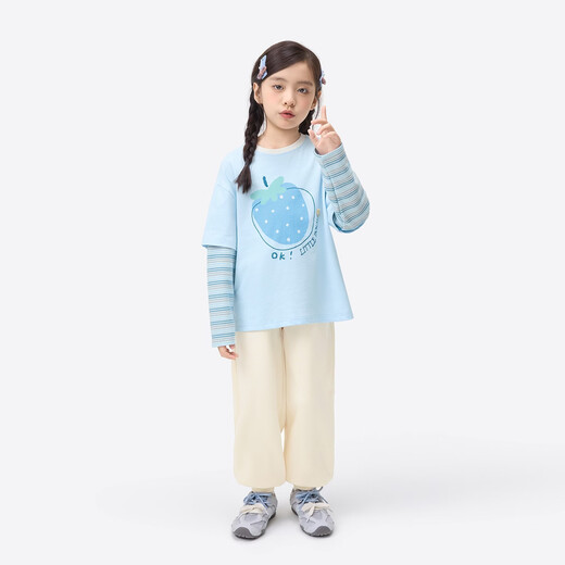 Xiaoyinman children's clothing girls' pure cotton long-sleeved T-shirt with fruit print 26 spring medium and large children's round neck casual top light blue 140