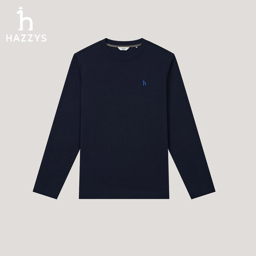 HAZZYS Men's 2026 Spring New Pullover Solid Color Men's Tops Round Neck Long Sleeve T-Shirt Men ABTZE0DAE06 Navy Blue NV M (170/92A 46)