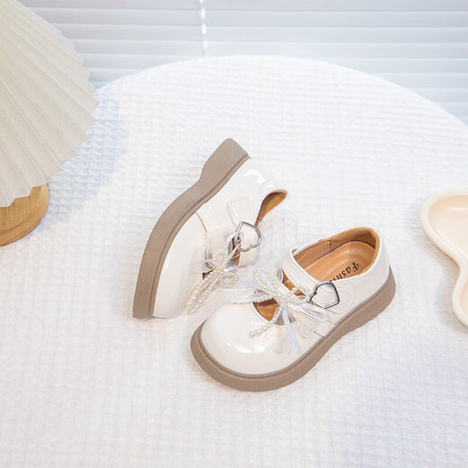 Girls Pearl Bow Small Leather Shoes 2026 Spring New Children's British Style Single Shoes Girls Fashion Princess Shoes Off-White 27