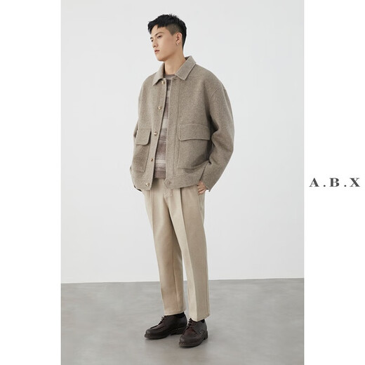a.b.x Winter heavyweight full wool lapel workwear large pocket double-sided nylon jacket men's loose thickened tweed jacket light coffee M/170