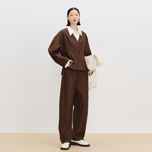 AUM Easy Suit Spring New Lamb Leg Sleeve Waisted Tweed Short Jacket Wide Leg Pants Brown Jacket S