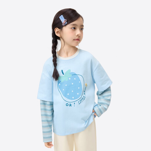 Xiaoyinman children's clothing girls' pure cotton long-sleeved T-shirt with fruit print 26 spring medium and large children's round neck casual top light blue 140