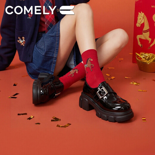 COMELY thick-soled British loafers for women 26 years new spring and autumn new Velcro heightening college style fashion versatile women's shoes sweet cool black 37