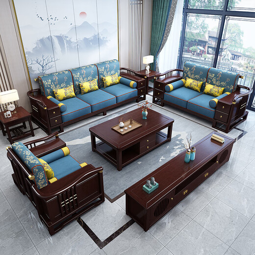 Nr. 1 Haoting Massives Holzsofa Wohnzimmer Neue chinesische Möbel Kleine Einzel- und Doppel-Dreifach-Sofa 2025 Neues Modell 9906# SaTenstoff vier Personen + Imperial Couch [Rahmen] Baumwolle und Linienstoff