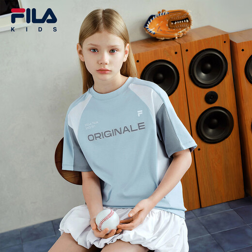 FILA Children's Clothing Short T-shirt 2026 Summer New Men's and Older Children's Short-Sleeved T-shirt Ice Peak Blue-BU 105