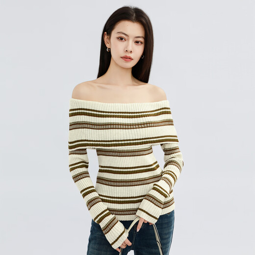VIEA.ING shopping mall same style contrast striped sweater women's 2026 spring new one-shoulder pullover top apricot S