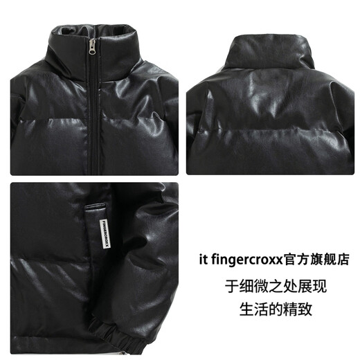 Fingercroxx it versatile black pu leather down jacket men's winter new American loose casual retro trendy brand warm jacket black counter same style L (120-140Jin Jin equals 0.5 kg)