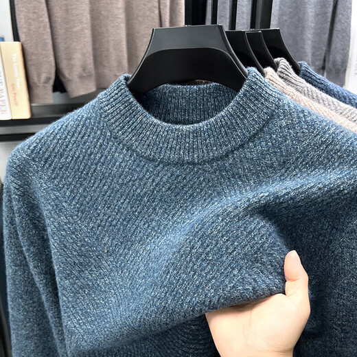 100% wool autumn and winter new men's thickened long-sleeved wool sweater floral yarn clip jacquard casual sweater 3697 light rice XL