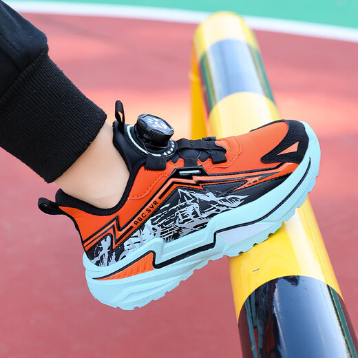 Chiyun Boys' Shoes 2026 Autumn and Winter Waterproof Leather Children's Sports Shoes Lightweight Medium and Large Children's Running Shoes Black Orange 31