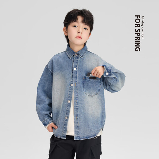 Zuoxi children's clothing boys' denim shirt long sleeve 2026 new children's shirt spring and autumn gradient western style boy layering denim color 160 cm