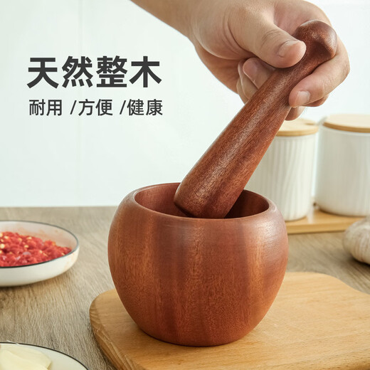 Sanqihu Wooden Manual Garlic Pounding Artifact Crush Garlic Press Garlic Pounding Jar Pound Medicine Jar Grinding Bowl Garlic Mortar Mahogany Core Pure Log Garlic Pounding Jar + Trumpet Whole Body Solid
