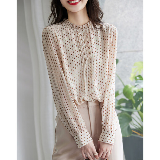 Demana (dme) polka dot puff sleeve shirt spring and autumn stand-up collar fitted long-sleeved commuter shirt women's top