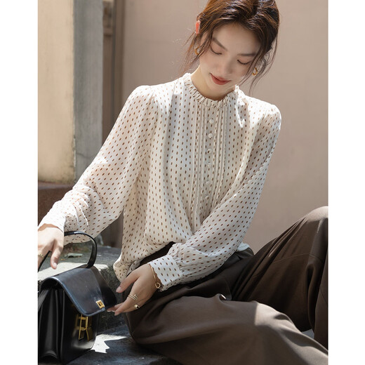 Demana (dme) polka dot puff sleeve shirt spring and autumn stand-up collar fitted long-sleeved commuter shirt women's top