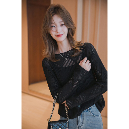 Xiaoguoli paper man blouse, lazy hollow all-match sweater, spring style one-line collar loose all-match top, blue, one size fits all size 1