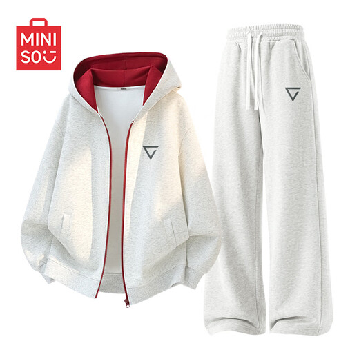 MINISO American lazy chic splicing contrasting color hooded sweatshirt for men 2026 new loose and complete set of casual sports wear white flower gray (m triangle badge chest logo) + white flower gray (m triangle badge pants logo) M /170 (weight 100-120Jin Jin is equal to 0.5 kg)