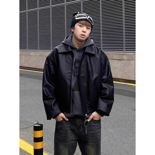 Black PU leather jacket men's fashion brand spring and autumn new design versatile short American retro jacket color (black high quality) M