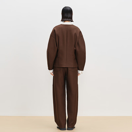 AUM Easy Suit Spring New Lamb Leg Sleeve Waisted Tweed Short Jacket Wide Leg Pants Brown Jacket S