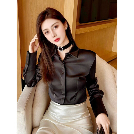 Playboy (PLAYBOY) black polo collar long-sleeved shirt for women early spring new temperament casual shirt unique chic top official flagship black S 80-95Jin Jin is equal to 0.5 kg