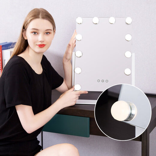 Mirror insled make-up mirror with light bulb mirror girls dormitory desktop large intelligent supplementary light desktop 9 light bulbs three-color light + stepless dimming (cool black plug-in model)