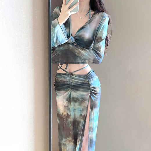 斤慕比基尼泳衣女2025新款分体四件套长裙性感欧美修身显瘦泡温泉度假 扎染墨蓝均码【建议80-118斤】